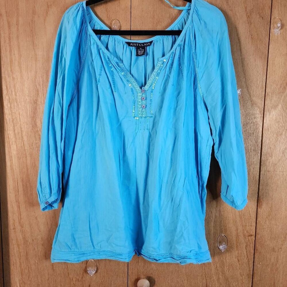 Just Class Turquoise Embellished Peasant Style Blouse Size XL